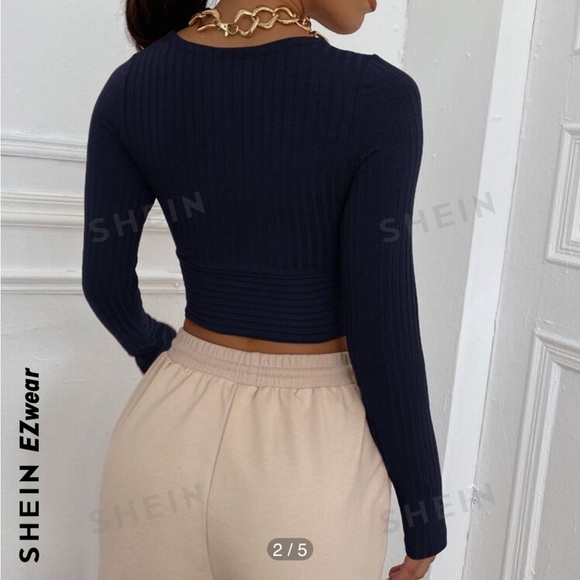 SHEIN Women’s Medium Navy Blue Cropped Long Sleeve Wrap Top - Picture 4 of 7